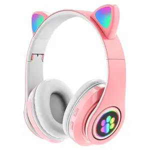도매 사용자 정의 저렴한 방수 게이머 이어폰 핑크 귀여운 고양이 귀 헤드폰 무선 BT 게임 헤드셋 헤드폰