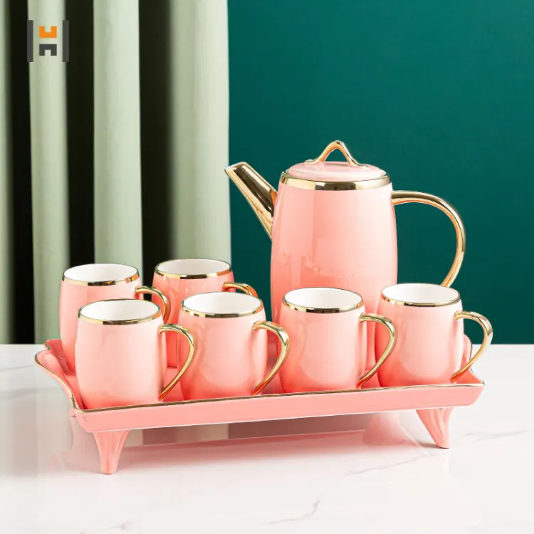 Set Cangkir Ketel Dingin Porselen Merah Muda Diskon Besar Set Cangkir Teko Keramik 8 Buah dengan Dekorasi Emas Cangkir Teh Sore Kopi