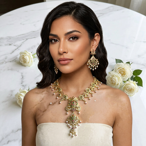 Gold Plated Ethnic Indian Style Brass Necklace Earring <b>Set</b> Imitation <b>Pearls</b> AD Stone Vintage Floral Design for Women Party Gift - Product Image 3