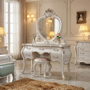 Table de toilette européenne sculptée blanc crème, table de maquillage de luxe pour princesse avec miroir intégral, meubles pour la maison - Product Image 4