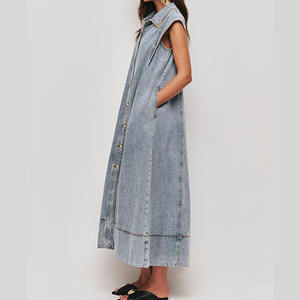 Abito Lungo in Denim da Donna con <span class=keywords><strong>Colletto</strong></span> Personalizzato, Chiusura Frontale con Bottoni, Stile Svasato, <span class=keywords><strong>Colletto</strong></span> a <span class=keywords><strong>Camicia</strong></span>, Foderato, in Cotone, Senza Maniche - Product Image 2