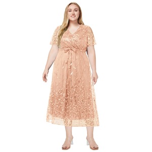 Abito da sera formale scintillante da donna <span class=keywords><strong>taglie</strong></span> <span class=keywords><strong>forti</strong></span>, <span class=keywords><strong>rosso</strong></span>, con paillettes a foglia, in tulle, scollo a V, maniche corte, con laccetto in vita, linea ad A - Product Image 4