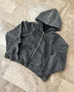 Felpa con Cappuccio e Zip in Cotone French Terry Nero e Grigio di Alta Qualità, Logo Personalizzato, Cuciture Revisionate, Oversize con Strass per Uomo - Product Image 3