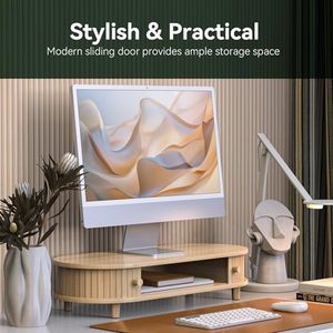 Soporte <span class=keywords><strong>de</strong></span> Monitor <span class=keywords><strong>de</strong></span> Bambú con Almacenamiento, Soporte Curvo para Computadora Portátil, Organizador <span class=keywords><strong>de</strong></span> Escritorio con Puertas Corredizas - Product Image 2