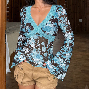 Retro Print Patchwork Lace <b>V</b> <b>Neck</b> Knit Top, Flare Sleeve Long Sleeve <b>Women's</b> <b>T</b> <b>Shirt</b>, Y2K Vintage Casual Fashion - Product Image 1