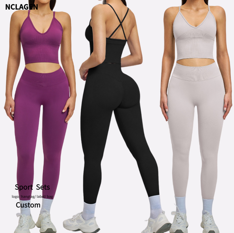 Cross Strap Back Solid Shockproof Top Tight Fitting Fitness Suit Seamless High Waist Leggings Yoga Two-Piece Sport Set Women