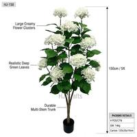 Arbre d'hortensia artificiel de 1,5 m, fleurs blanches en boules, plante artificielle en soie avec pot noir pour la décoration de mariages, fêtes, hôtels et boutiques