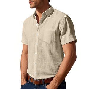 Chemise en lin à manches courtes pour homme, couleur unie, décontractée, respirante, avec poche à revers, coupe ample, style américain, été - Product Image 1