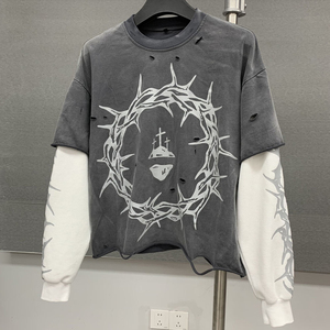 Camiseta de Algodón de 320 g/m² con Lavado Ácido y Efecto Desgastado, Camiseta Cuadrada Personalizada con Serigrafía para <span class=keywords><strong>Hombre</strong></span>, Camiseta Vintage de <span class=keywords><strong>Manga</strong></span> <span class=keywords><strong>Larga</strong></span> de Doble Capa - Product Image 1