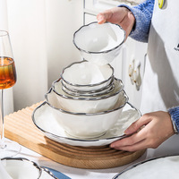 Ensemble d'assiettes de luxe à bords argentés, vaisselle pour hôtel et restaurant, bol, cuillère à vaisselle, ustensiles de cuisine, vaisselle en céramique moderne, ensemble de couverts
