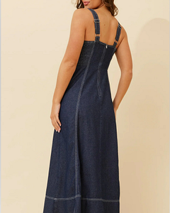 เดรสยีนส์ผู้หญิงทรงคามิมิดิ ติดกระดุมด้านหน้า แต่งตะเข็บตัดกัน พร้อมกระเป๋าใช้งานได้จริง - Product Image 6