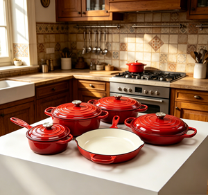 Ensemble de batterie de cuisine en fonte émaillée LFGB FDA, 5 pièces : casseroles, faitouts, poêle, casserole à sauce, marmites, compatible cuisinière et four - Product Image 4