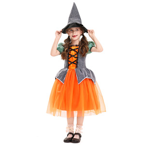 Robe de sorcière classique à motif citrouille, jupe en maille orange, costume d'Halloween, tenue de spectacle pour filles - Product Image 3