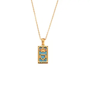 Trendy Square Colorful Enamel Zircon Tarot Cards Pendant Necklace 18K Gold Plated Stainless Steel Chain Necklaces For Women