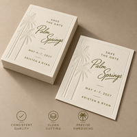 Cartes de réservation de date motif palmier tropical, impression dorée en relief, couleur et taille personnalisées pour invitations de mariage en destination sur la plage