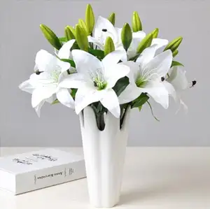 Bunga Palsu 3 Kepala, Bunga Lili Buatan untuk Pernikahan, Rumah, Pesta Kantor, Dekorasi Real Touch