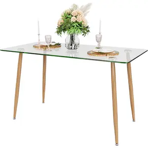 Hochwertiger Esstisch aus Glas Rechteckiger Esstisch mit Glasplatte Moderner Küchentisch mit Holzbein