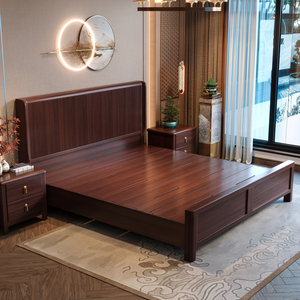 Lit en bois massif de style chinois, lit double de 1,8 m, design minimaliste moderne, structure basse, fabrication par assemblage à mortaise et tenon - Product Image 1