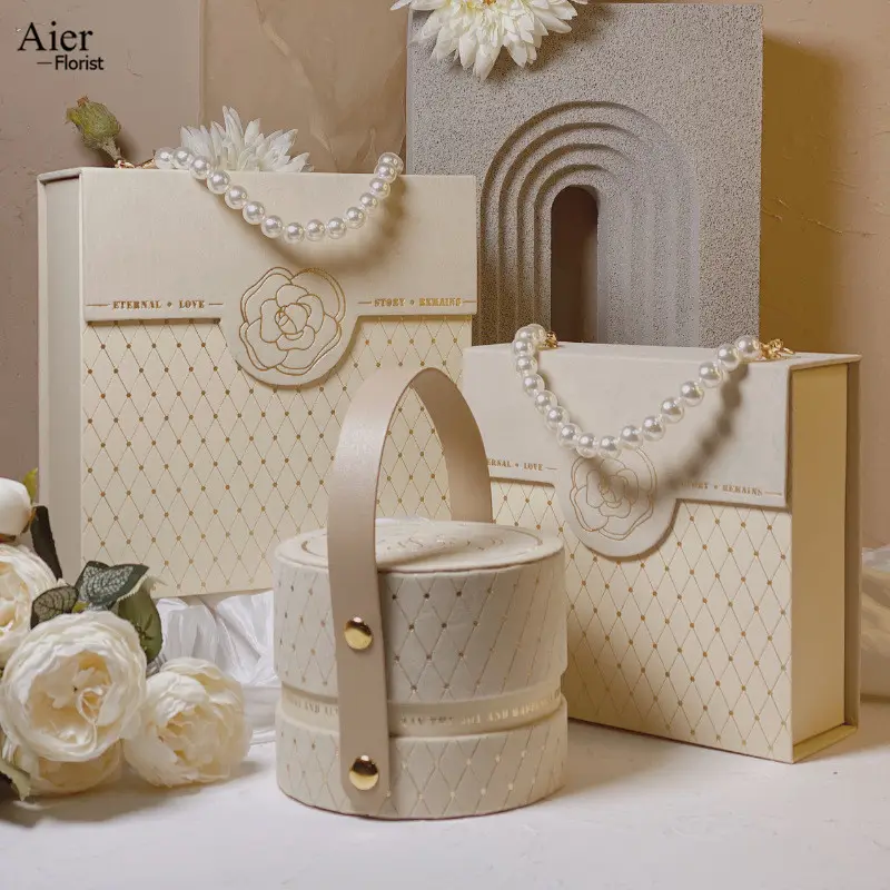 Aierflorist-Caja de regalo de boda encantadora, caja de cartón estilo fragancia con asa de cuero PU, para embalaje de ropa/dulces
