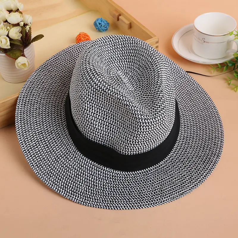 WoZhen-sombrero de paja panamá para mujer, gorros de playa de Color sólido para vacaciones, gran oferta