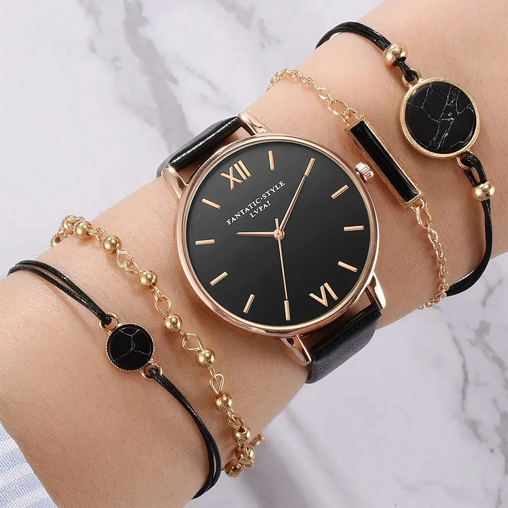 5pcs Set Fashion Style Women's Luxury Leather Band Quartz WristWatch Ladies Watch Girls Gift Dress Reloj Mujer Black Clock
