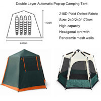 Tente de camping familiale hexagonale pour 4 personnes, à montage rapide, avec structure en aluminium pliable, grandes parois en maille, couverture amovible contre les intempéries