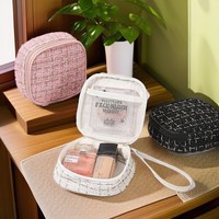 Sac cosmétique en tweed pour femmes, mignon et portable, sac de maquillage tissé avec dragonne pour le voyage, rangement de produits de toilette, personnalisable, vente en gros