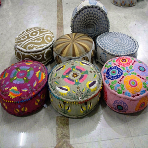 Bohemian Modern Living Room Decor Embroidered Cotton Pouf and Floor Pillow Puff 60x20cm - Product Image 1