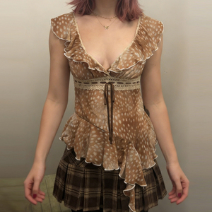 Maglietta da donna Z-2727 con stampa <span class=keywords><strong>cervo</strong></span>, maniche a volant, linea ad A, maniche corte, casual, stile Y2K, top estivo alla moda. - Product Image 5