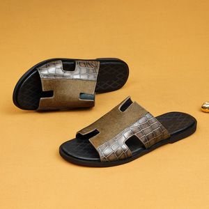 Horsehair Leather <b>Slides</b> Men Open Toe Anti <b>Slip</b> Summer Fashion Sandals Rubber Outsole Genuine Leather Lining - Product Image 2