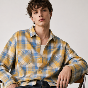 Chemises en flanelle personnalisées OEM/ODM pour hommes, <span class=keywords><strong>jaune</strong></span> et bleu, chemise à carreaux pour hommes, coton brossé, manches longues, <span class=keywords><strong>surchemise</strong></span> décontractée, logo personnalisé - Product Image 1