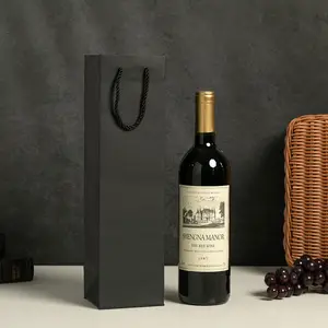 Zwarte Herbruikbare Opvouwbare Enkele Wijnfles Verpakking Papieren Zak Effen Kleur Kraft Geschenk Wijn Papieren Zak Voor Reizen