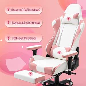 Chaises de bureau élégantes et mignonnes avec haut-parleurs Bluetooth et massage, <span class=keywords><strong>chaise</strong></span> de jeu vidéo grande et haute rose et blanche avec repose-pieds - Product Image 5