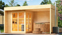 Cabine de sauna en bois en forme de L pour l'extérieur, vente en gros d'usine, avec véranda ouverte étendue