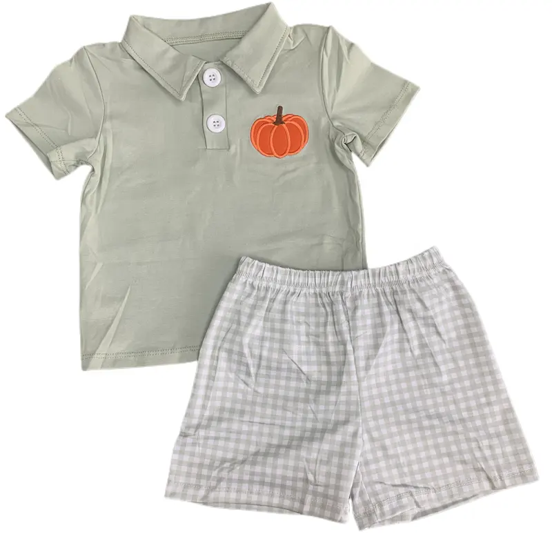 Puresun Boys Smocked Pumpkin Fall Short set Toddler Custom Embroidery Polo Shirts with Matching Shorts Two Pieces Outfit