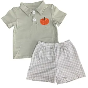 Puresun Boys Smocked Pumpkin Fall Short Set Toddler Custom Embroidery Polo Shirts With Matching Shorts 2 Pieces Outfit