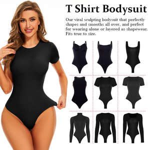 Wholesale Women's Basic <b>Onesie</b> Bodysuit Top Round Neck <b>Short</b> Sleeve Fashion Solid Black T Shirt Shapewear - Product Image 6