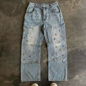 Jeans baggy en denim style streetwear décontracté, broderie personnalisée, jeans en denim avec strass pour hommes - Product Image 5