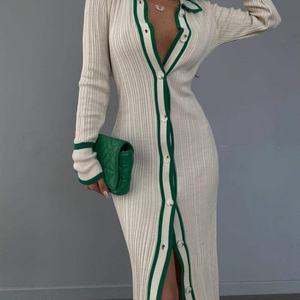 Vestido suéter largo elegante y ajustado de cuello alto para mujer al por mayor, ropa casual con botones - Product Image 3