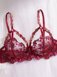 Set di Lingerie Floreale, Bellissima Biancheria Intima Femminile, Set <span class=keywords><strong>Reggiseno</strong></span> di Lusso Ricamato, Biancheria Intima Romantica in Rete <span class=keywords><strong>Bordeaux</strong></span> Trasparente - Product Image 5
