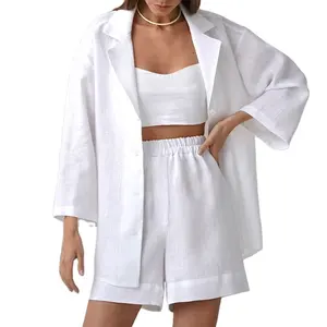 OEM <span class=keywords><strong>donna</strong></span> 2 pezzi abiti Casual cotone gamba larga pantaloncini Set manica lunga sciolto Top <span class=keywords><strong>donna</strong></span> estate bianco pantaloncini di <span class=keywords><strong>lino</strong></span> abiti - Product Image 1