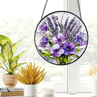 Buket Bunga Lavender Ungu Pansy Art Deco Kaca Patri Suncatcher Hiasan Gantung Jendela Kaca Floral Natal Ulang Tahun