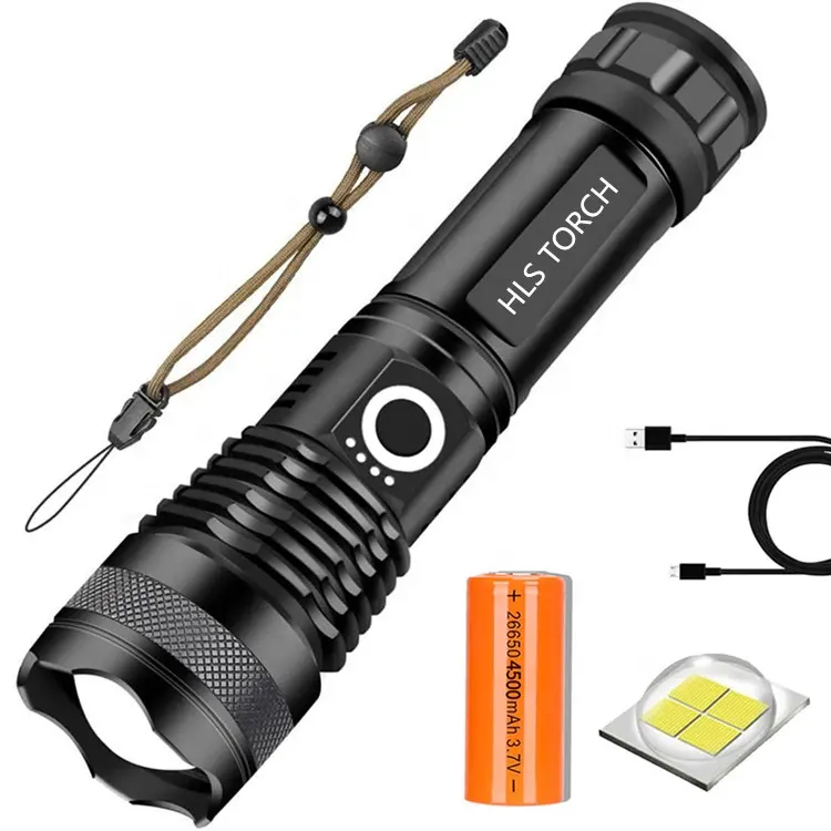Super Bright Zoomable Powerful XHP50 26650 Torch Flash Light, Waterproof USB Rechargeable Portable Tactical Led Flashlight