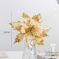 Fleur de Noël en velours à paillettes dorées de 21 cm, rouge, pour décoration de sapin de Noël, pendentif décoratif DIY