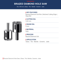Scie cloche diamantée pour verre électroplaqué, substrat en acier, OEM ODM, logo personnalisé, tailles disponibles