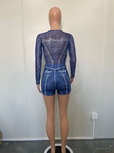Nouveau Ensemble 2 Pièces pour Femme : Haut Body Imprimé Denim 3D et <span class=keywords><strong>Short</strong></span> Irrégulier, Ensemble Jupe Bodycon Sexy en Maille Transparente - Product Image 6