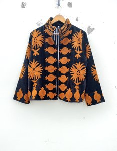 Veste en velours à col mandarin avec broderie florale orange, manches lanternes, veste d'automne pour femmes - Product Image 5