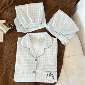 2025 Summer Clouds Cotton Yarn Pajamas Blue Lattice Embroidered <strong>Dog</strong> Women's Cartoon Comfortable Three-Piece - Product Image 3