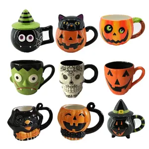 Taza de café de cerámica personalizada pintada a mano para Halloween, creativa, 3D, Gato en relieve, calabaza, fantasma, Cráneo, bruja, monstruo, tazas para Halloween