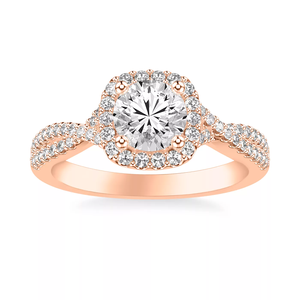 Anillo de boda de oro rosa de 14K con doble halo y pavé, de tallo dividido, con diamante cultivado en laboratorio, corte brillante redondo, certificado IGI, VVS D - Product Image 3